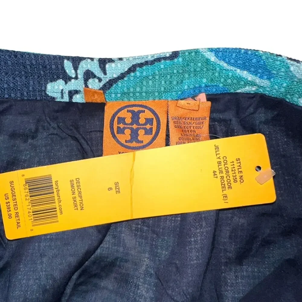 NWT Tory Burch Simone Silk Blend Floral Navy Pleated Skirt in Jelly Blue Rozel 6